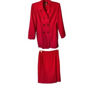 N.I.C. New York double-breasted red skirt suit with side pockets; Size 8